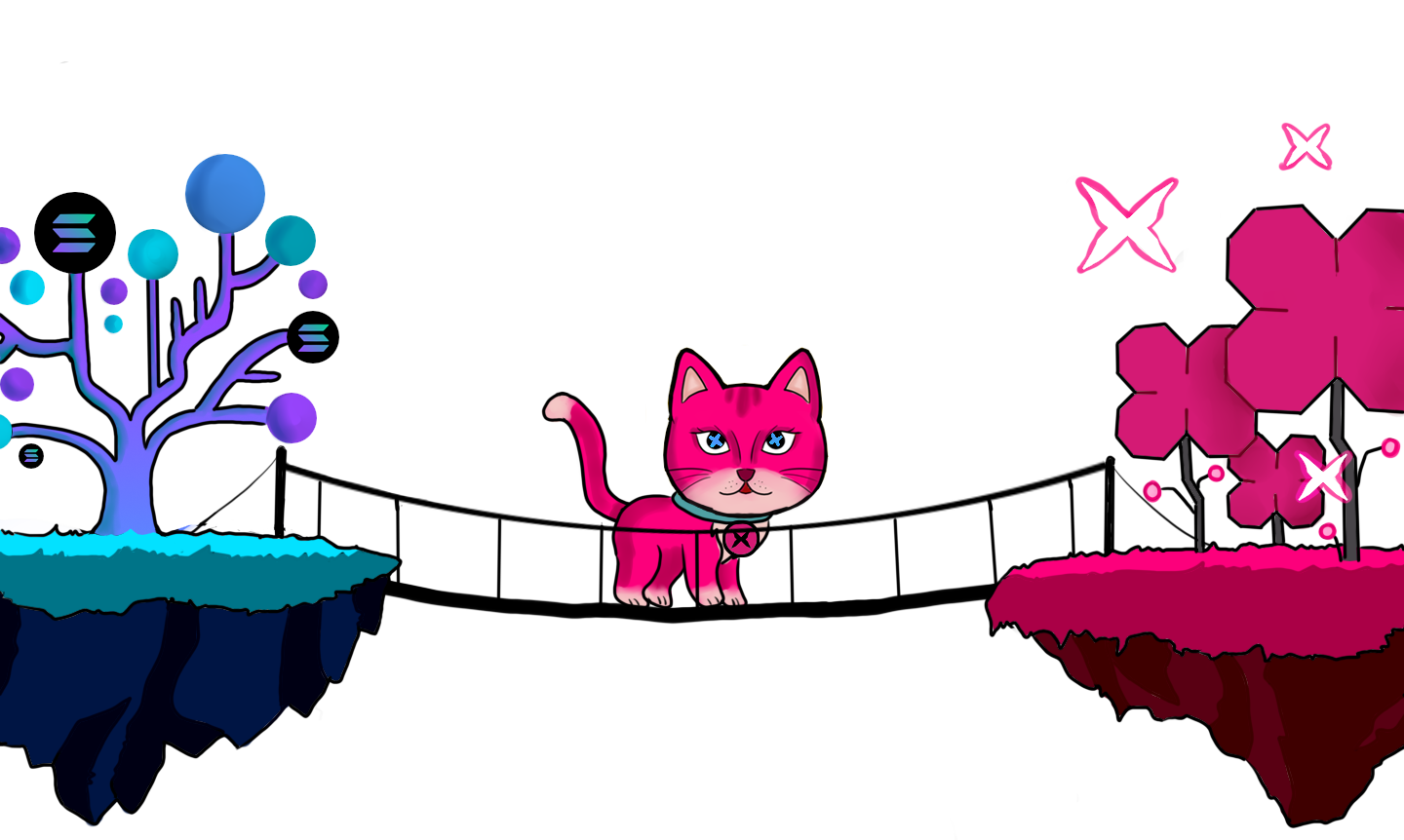 miming cat crossing the bridge between Solana and Xode worlds